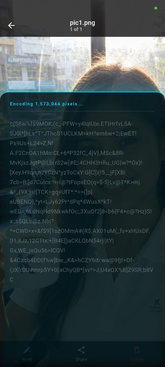 The message being encrypted and woven into the pixels